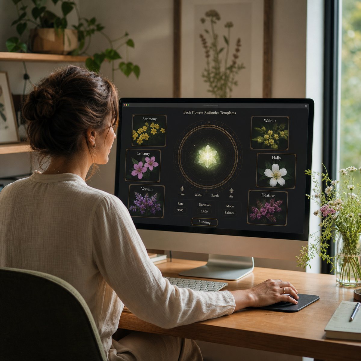 Woman using Bach Flowers templates with Quantum Radionics Fire Toolz