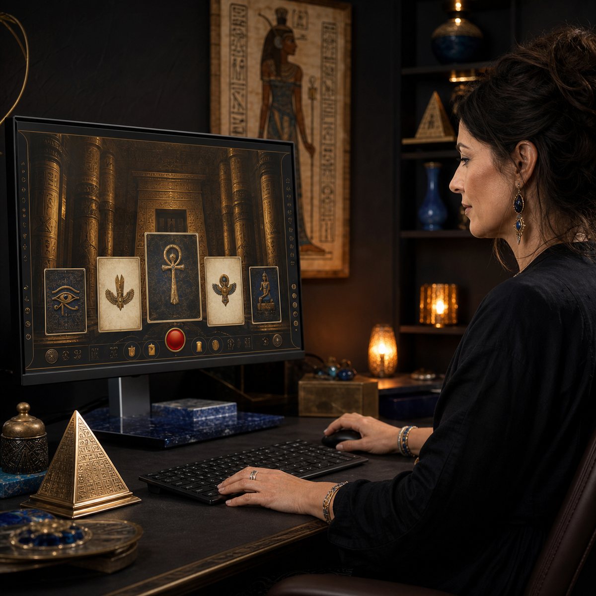 Woman exploring an Egyptian Magic Fire Toolz template