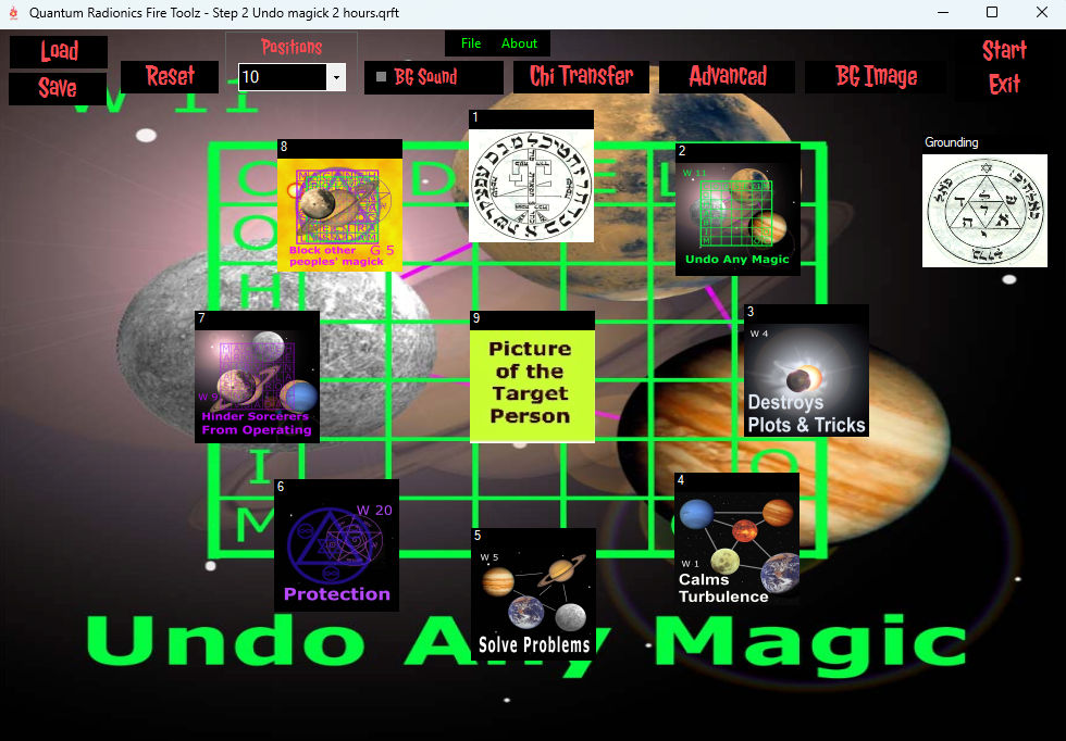 Fire Toolz Undo Magick template with several clearing and protection cards around the target photograph.
