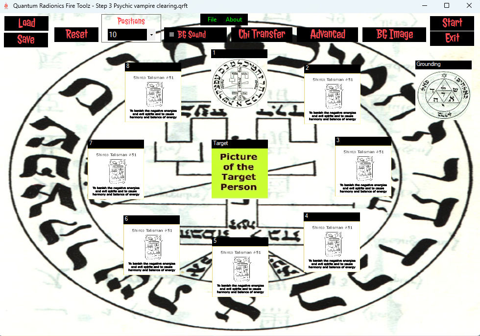 Fire Toolz Psychic Vampire Clearing template with repeated talismans arranged around the target photograph.