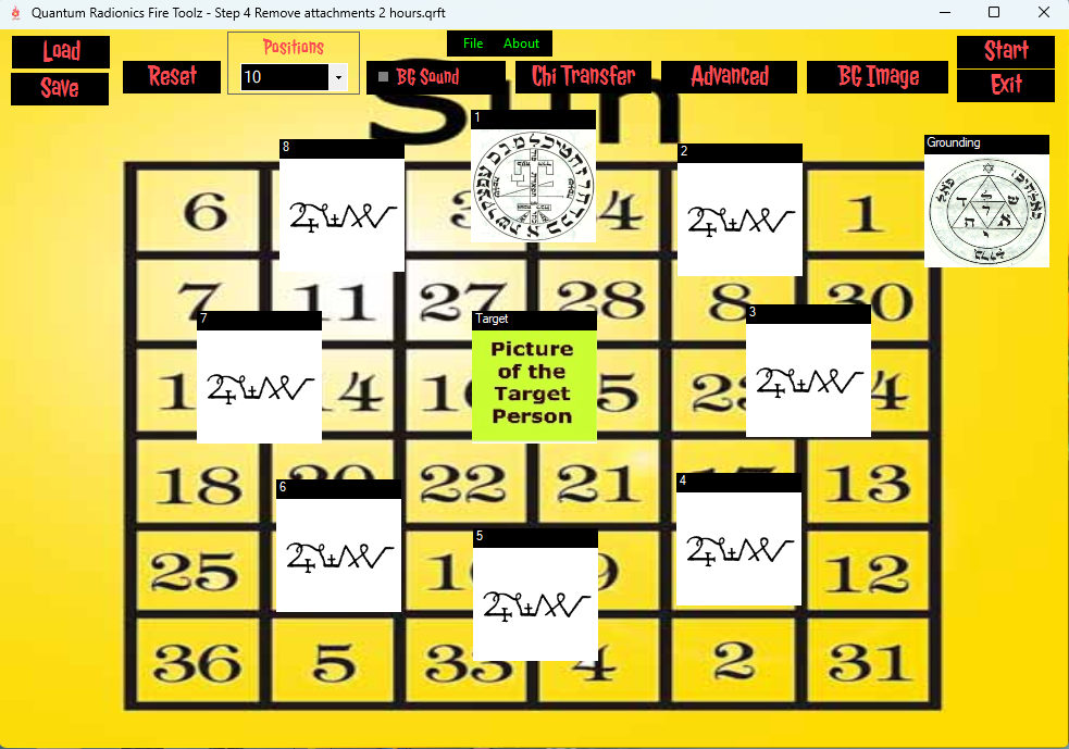 Fire Toolz Remove Attachments template with sigil positions around the target photograph on a numbered background.