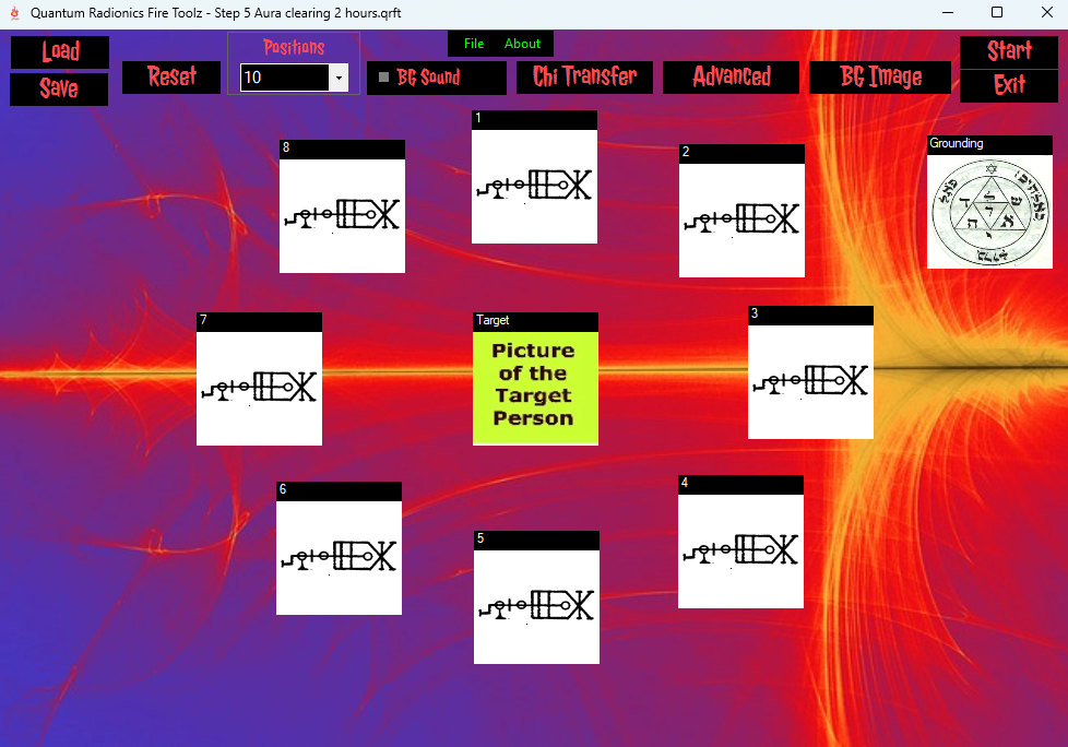 Fire Toolz Aura Clearing template with repeated sigil positions around the target photograph.
