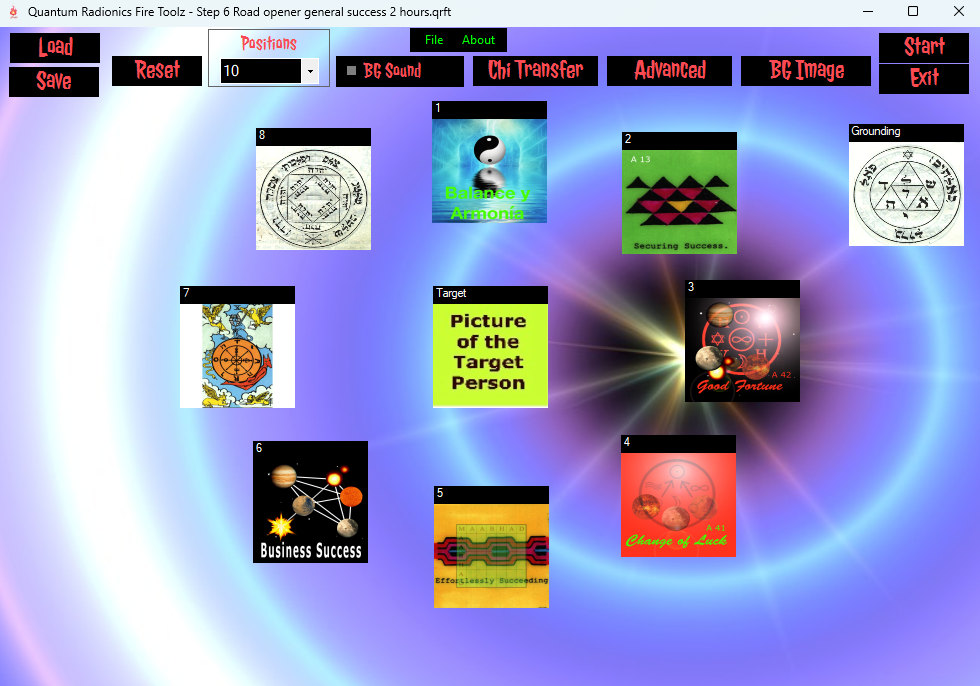 Fire Toolz Road Opener template with balance, success, fortune, and opportunity cards around the target photograph.
