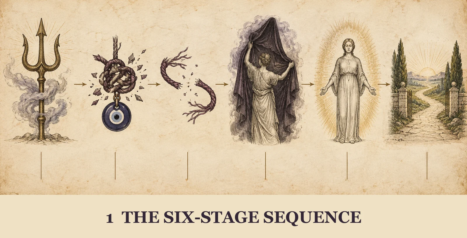 Six sequential esoteric cleansing stages from Blasting Glyph and Undo Magick through Road Opener.