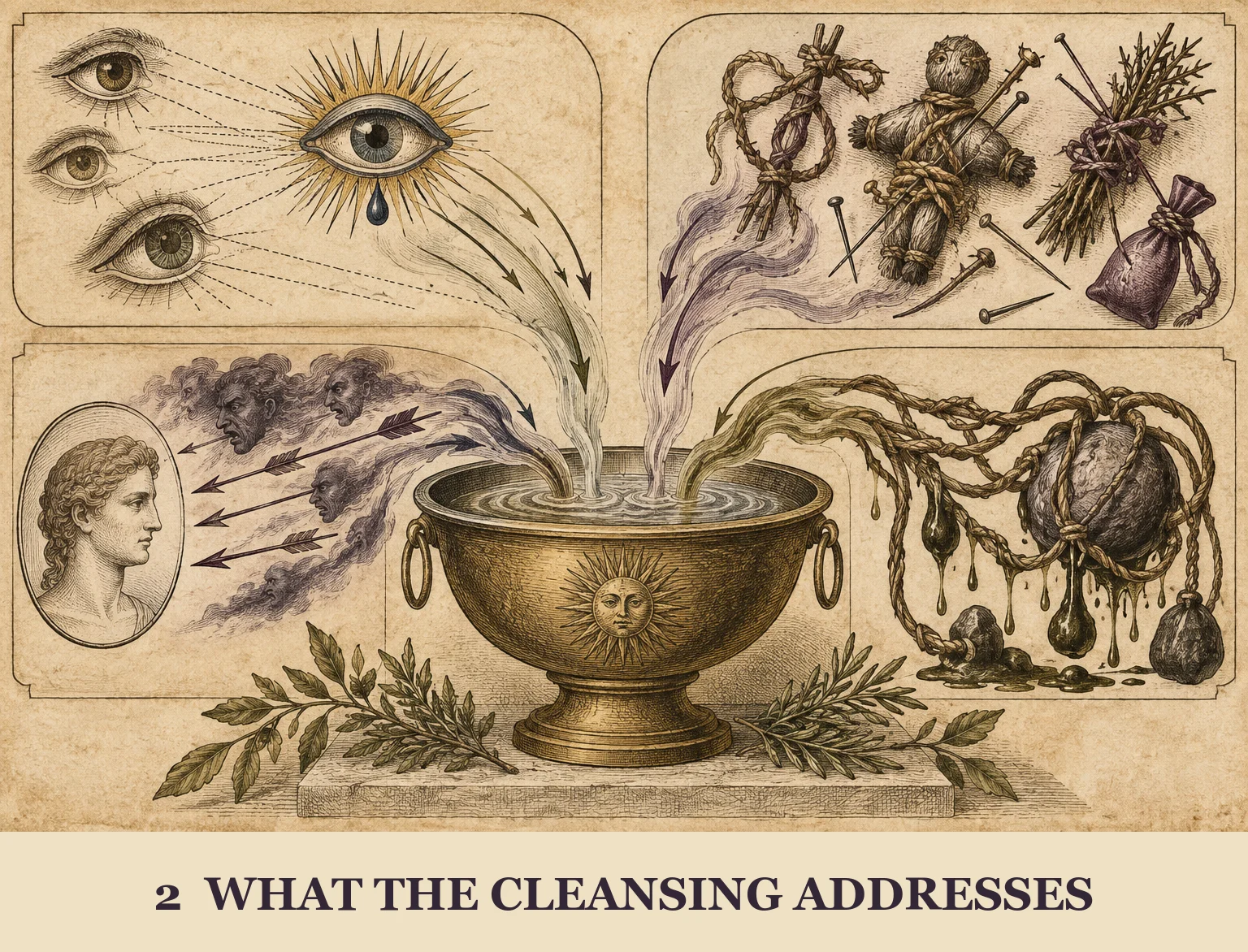 Engraved motifs for evil eye, witchcraft, mental projection, and draining ties flow toward a cleansing vessel.