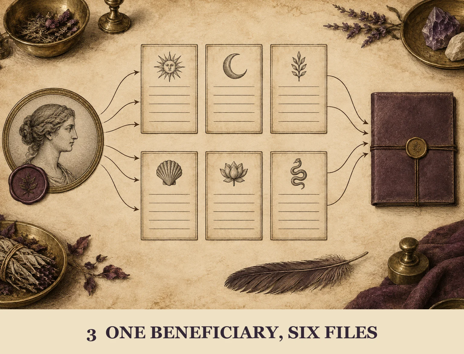 One consented beneficiary portrait connects to six blank template folios kept together in a folder.