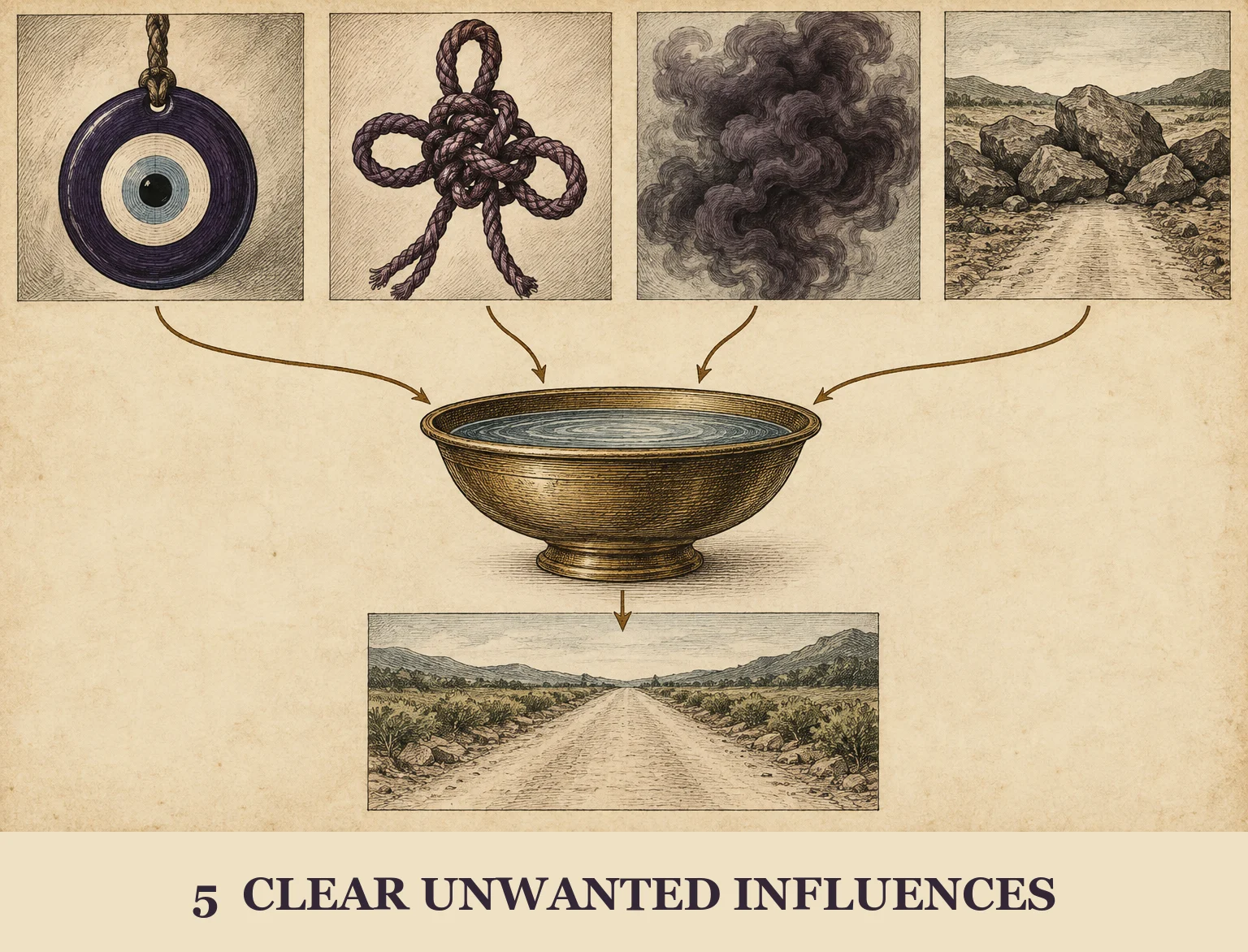 Evil eye, knot, dark cloud, and blocked road motifs lead into a clearing vessel and open path.