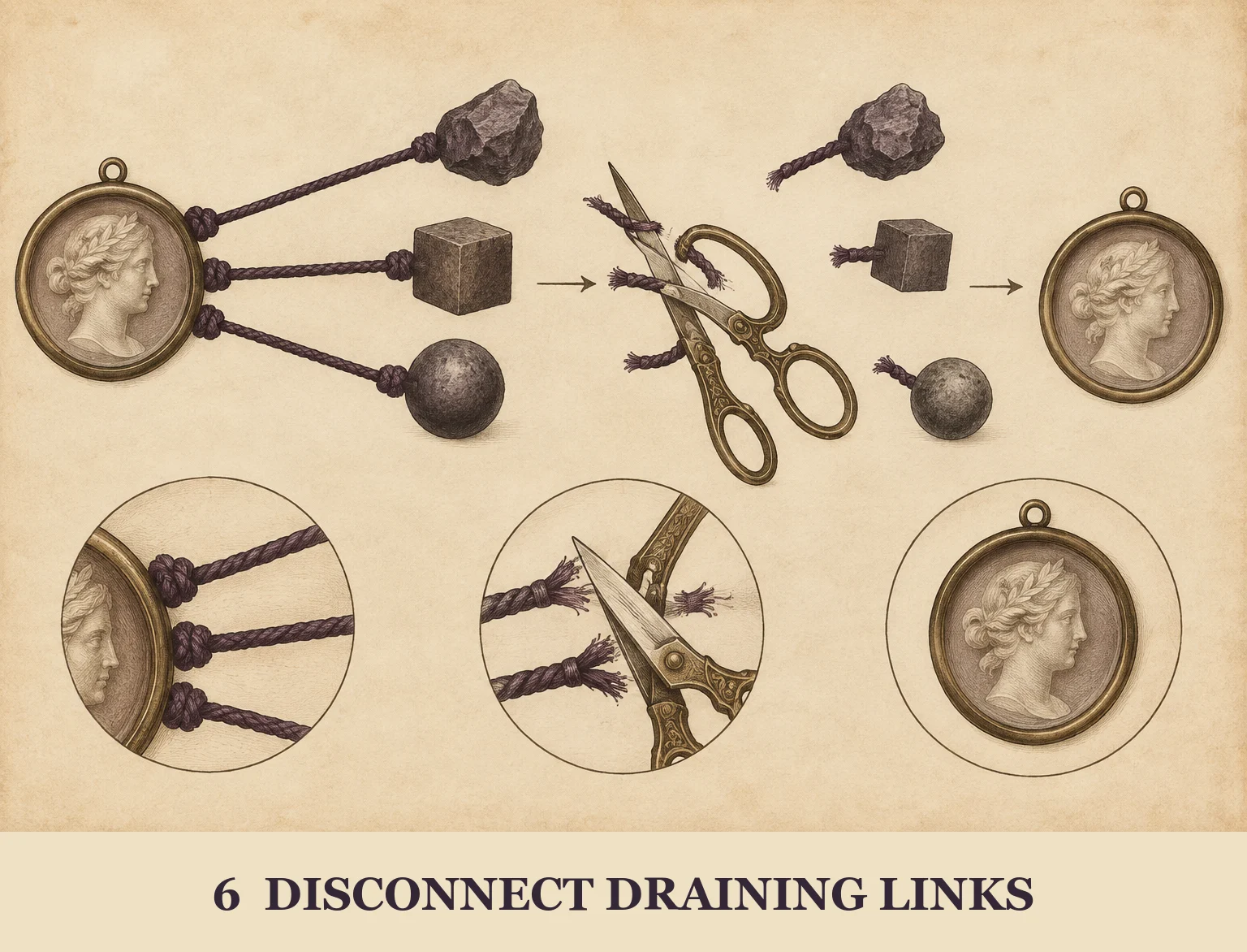 Engraved portrait medallion with dark cords, ceremonial shears cutting the cords, and a free portrait medallion.
