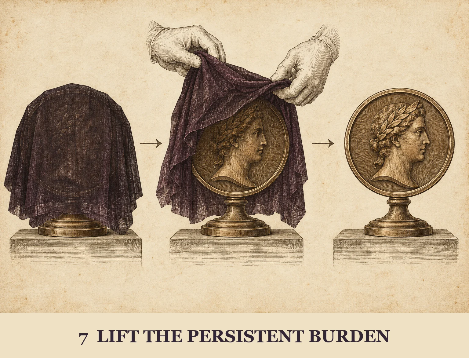 A dark veil is lifted from an engraved portrait medallion, leaving it unobstructed.