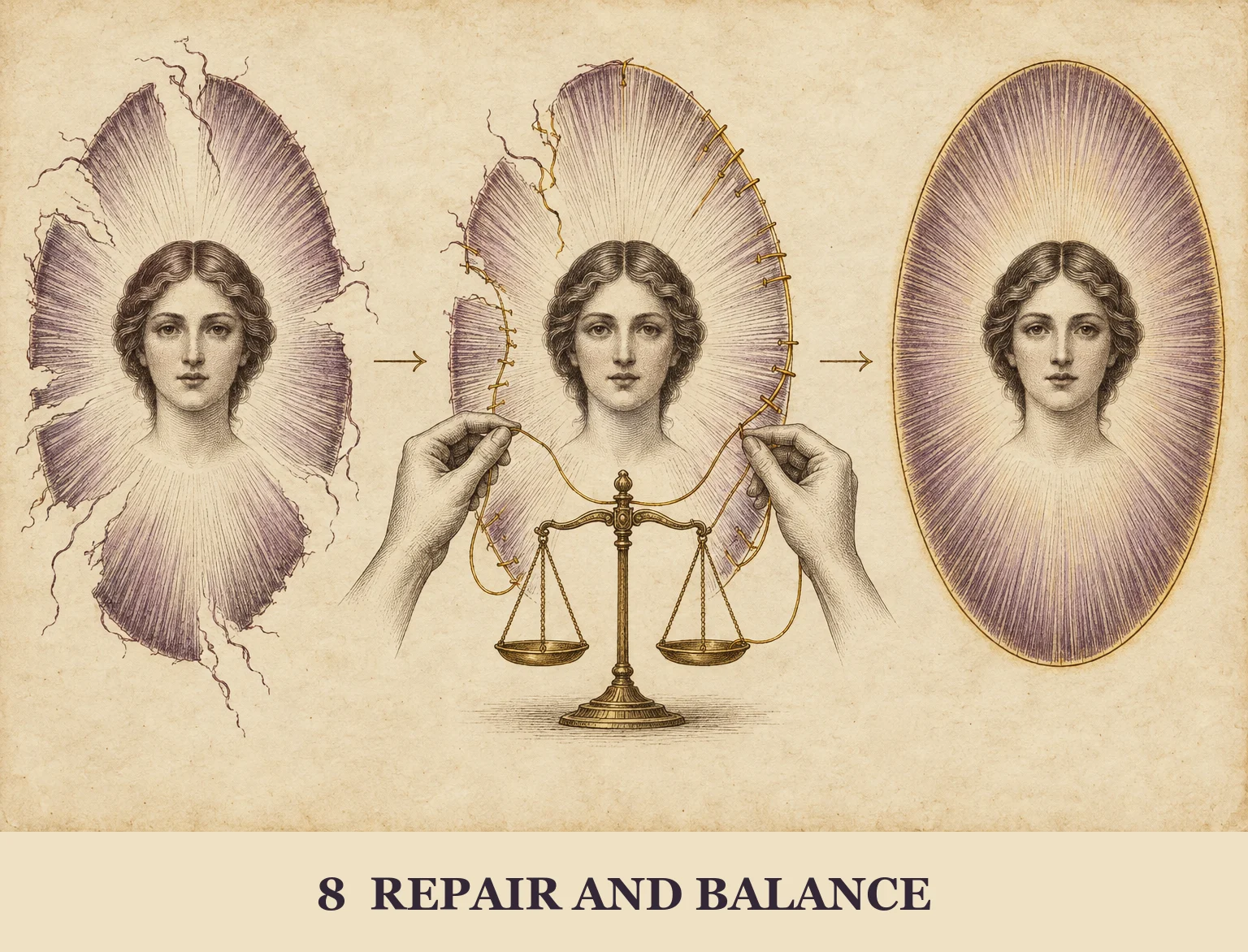 An uneven aura field around a portrait is mended with gold thread and shown balanced and complete.