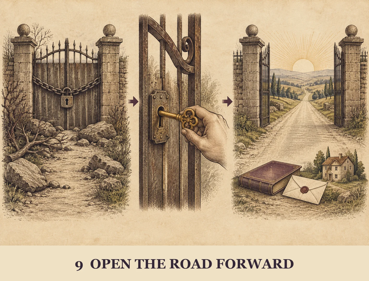 An old locked gate opens with a key to reveal a clear road and practical opportunities.