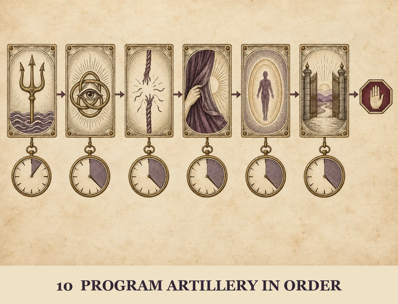 Six distinct folio cards run left to right, each with a clock below, followed by a stop sign.