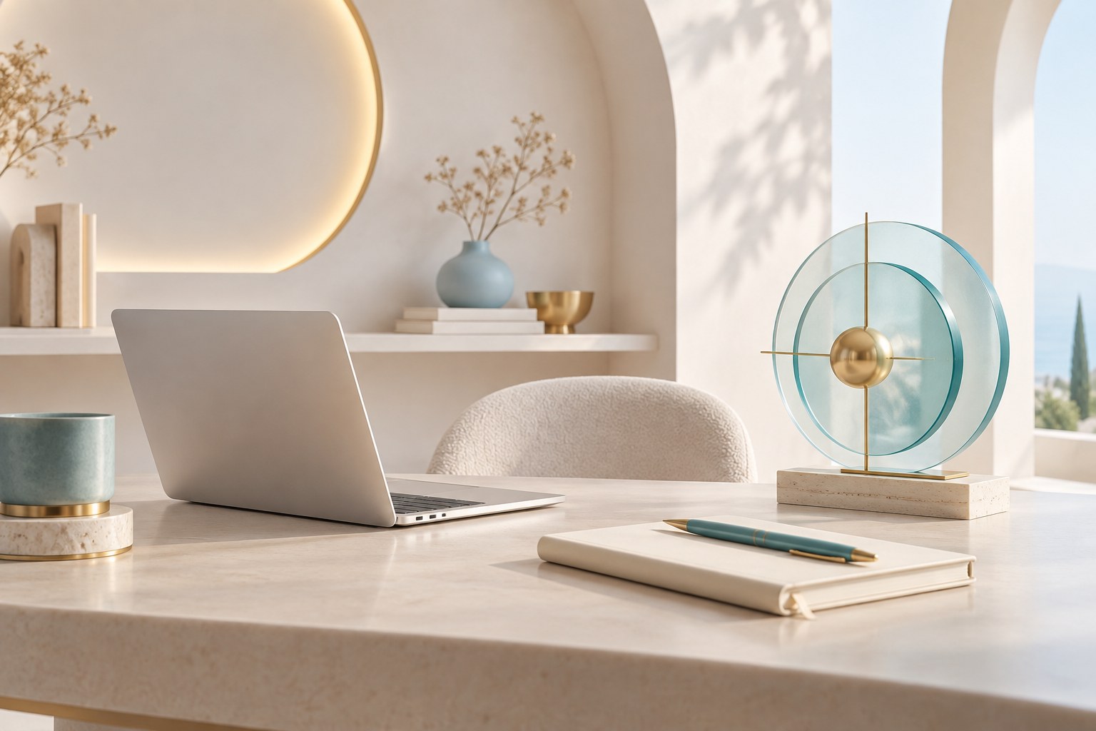 A clean writing workspace with a laptop, notebook, and abstract glass geometric sculpture.