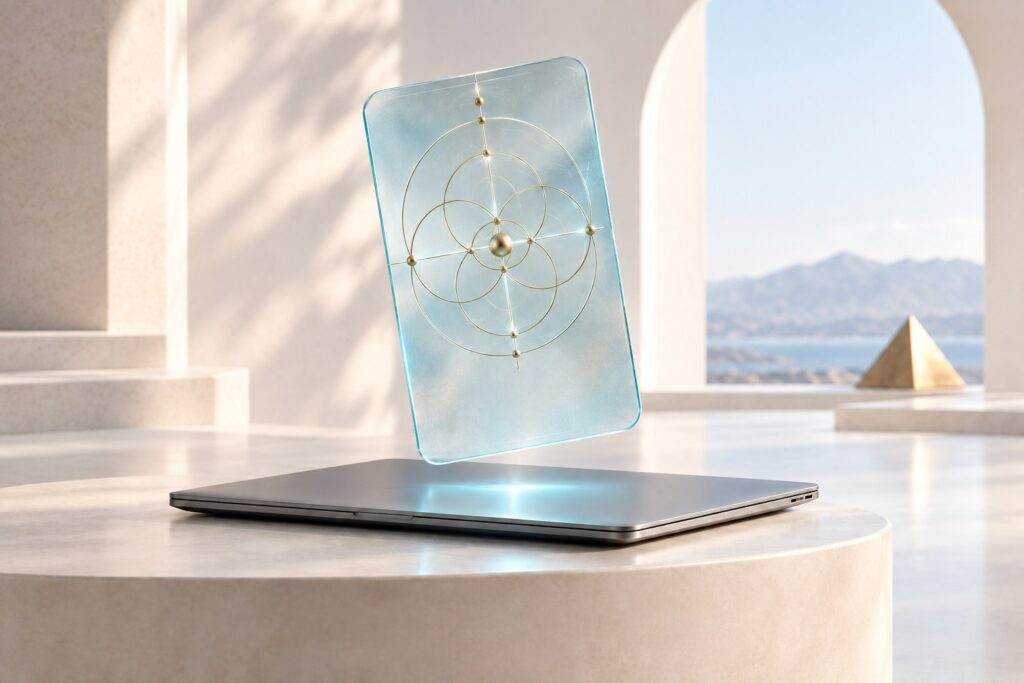 A modern laptop workspace with translucent aqua sacred geometry, illustrating digital radionics.
