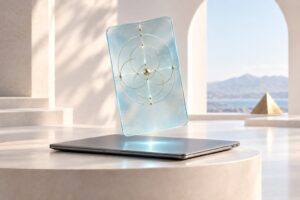 A modern laptop workspace with translucent aqua sacred geometry, illustrating digital radionics.
