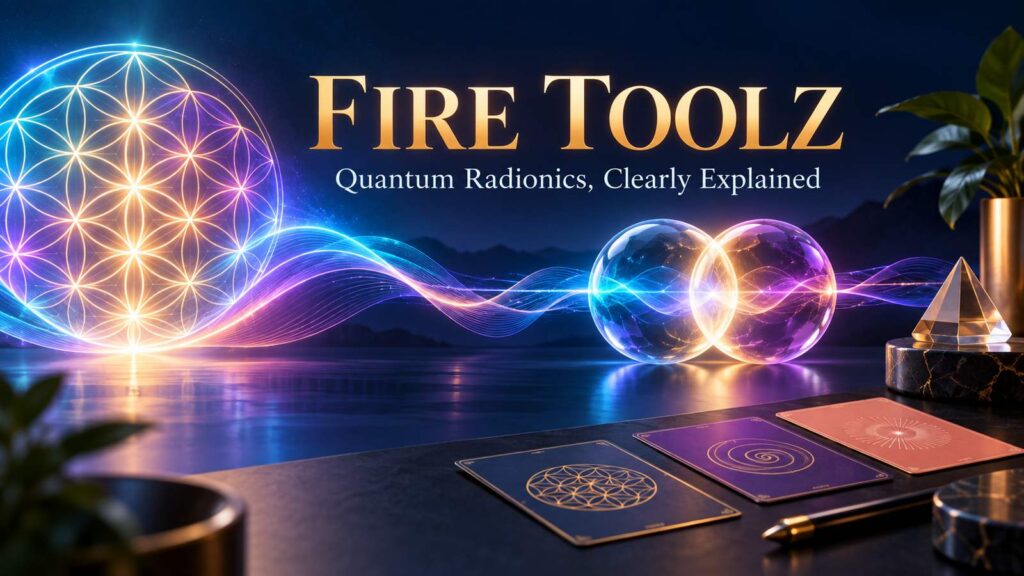 Fire Toolz quantum radionics visual guide with sacred geometry, abstract information waves, and radionic cards.