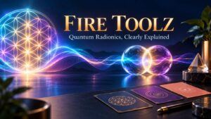 Fire Toolz quantum radionics visual guide with sacred geometry, abstract information waves, and radionic cards.