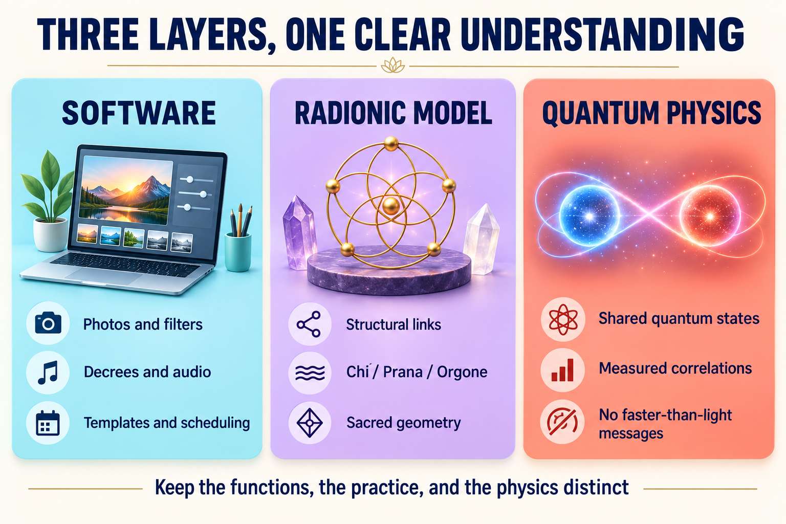 Three distinct layers: software functions, the radionic model, and established quantum physics.