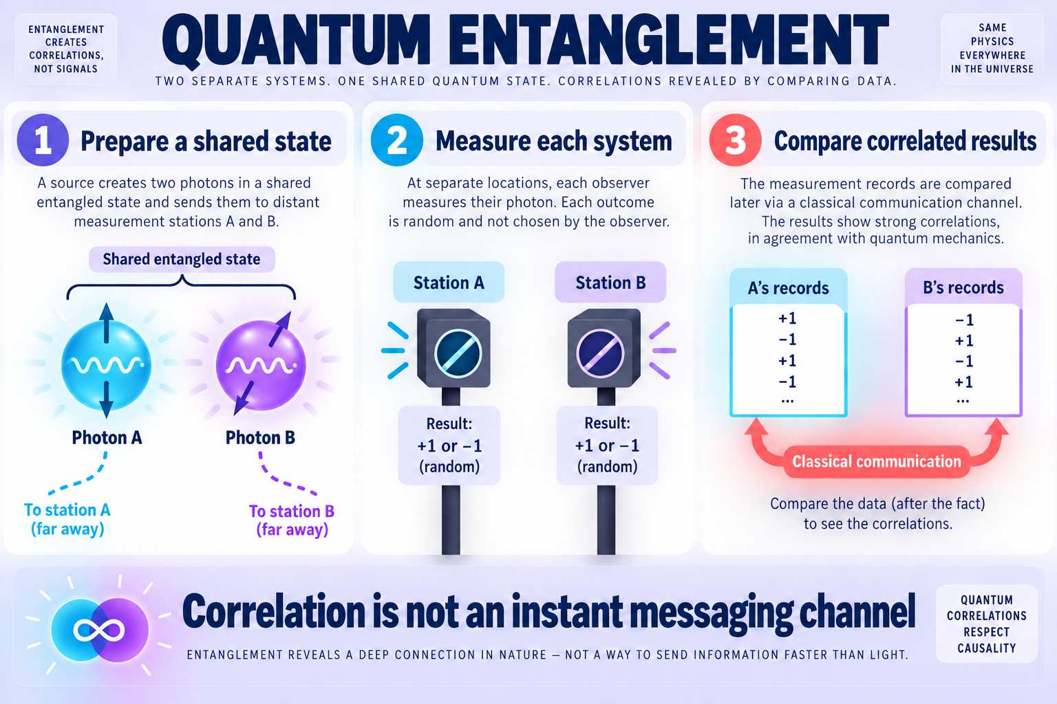 Quantum entanglement diagram showing preparation of a shared state, separate measurements, and comparison of correlated records through classical communication.