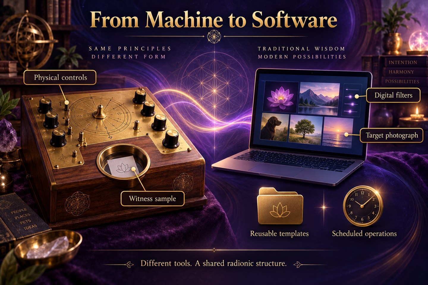 Illustrated comparison of a generic physical radionics instrument and a conceptual software workspace with saved templates and scheduling.