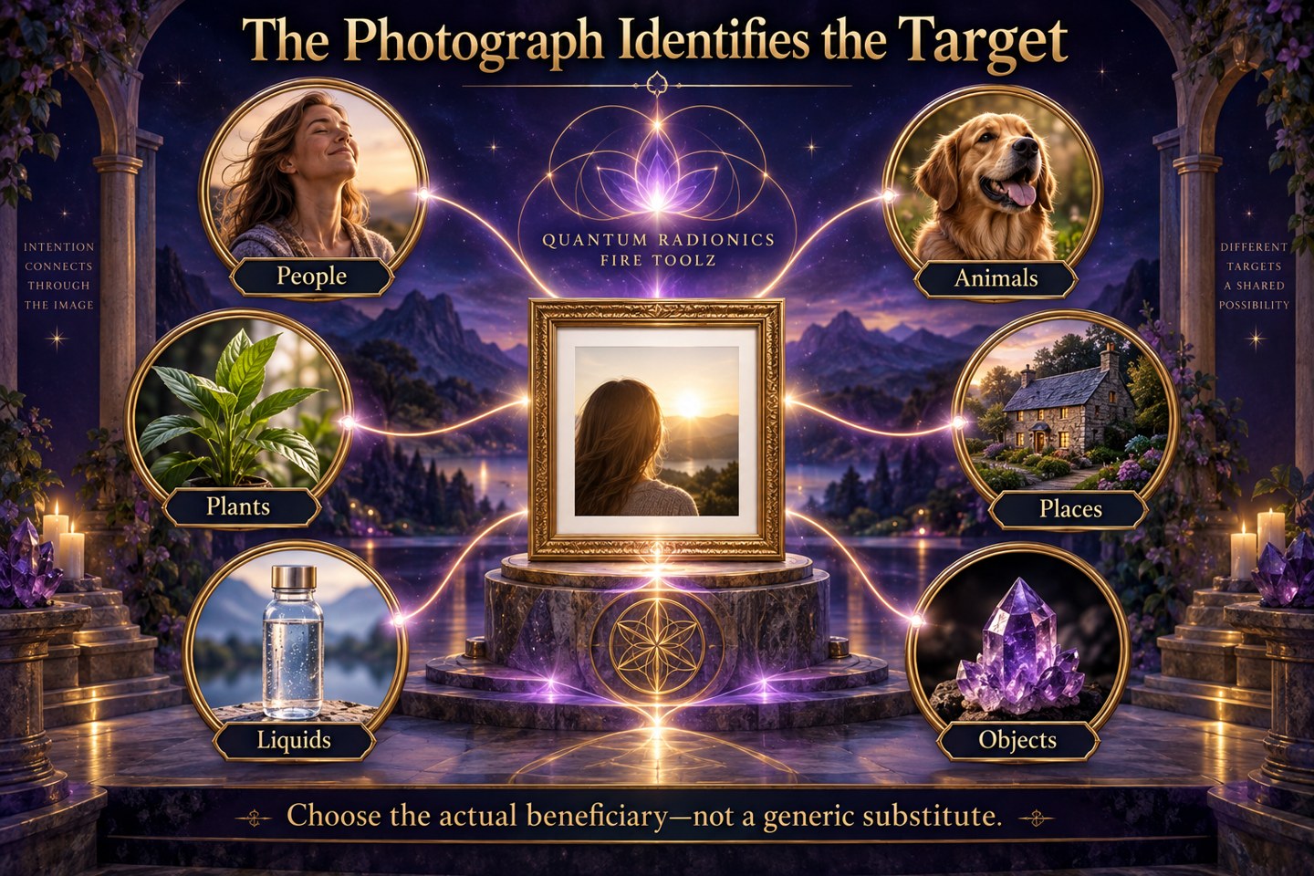 Framed photographs of people, animals, plants, places, liquids, and objects as radionic beneficiaries.