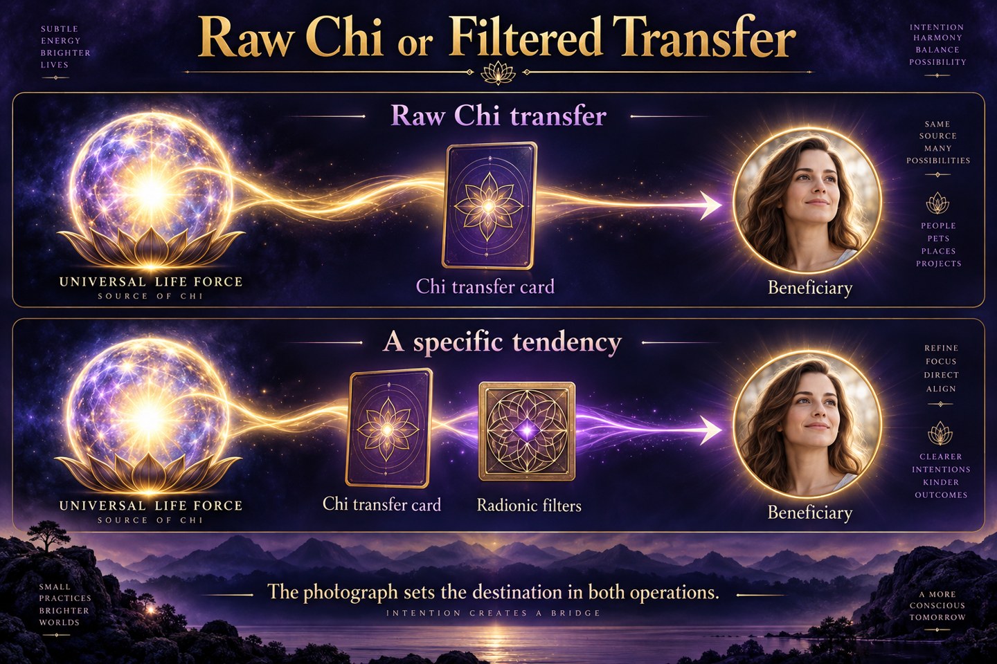 Two diagrams comparing raw Chi source-to-beneficiary transfer with transfer through radionic filters.