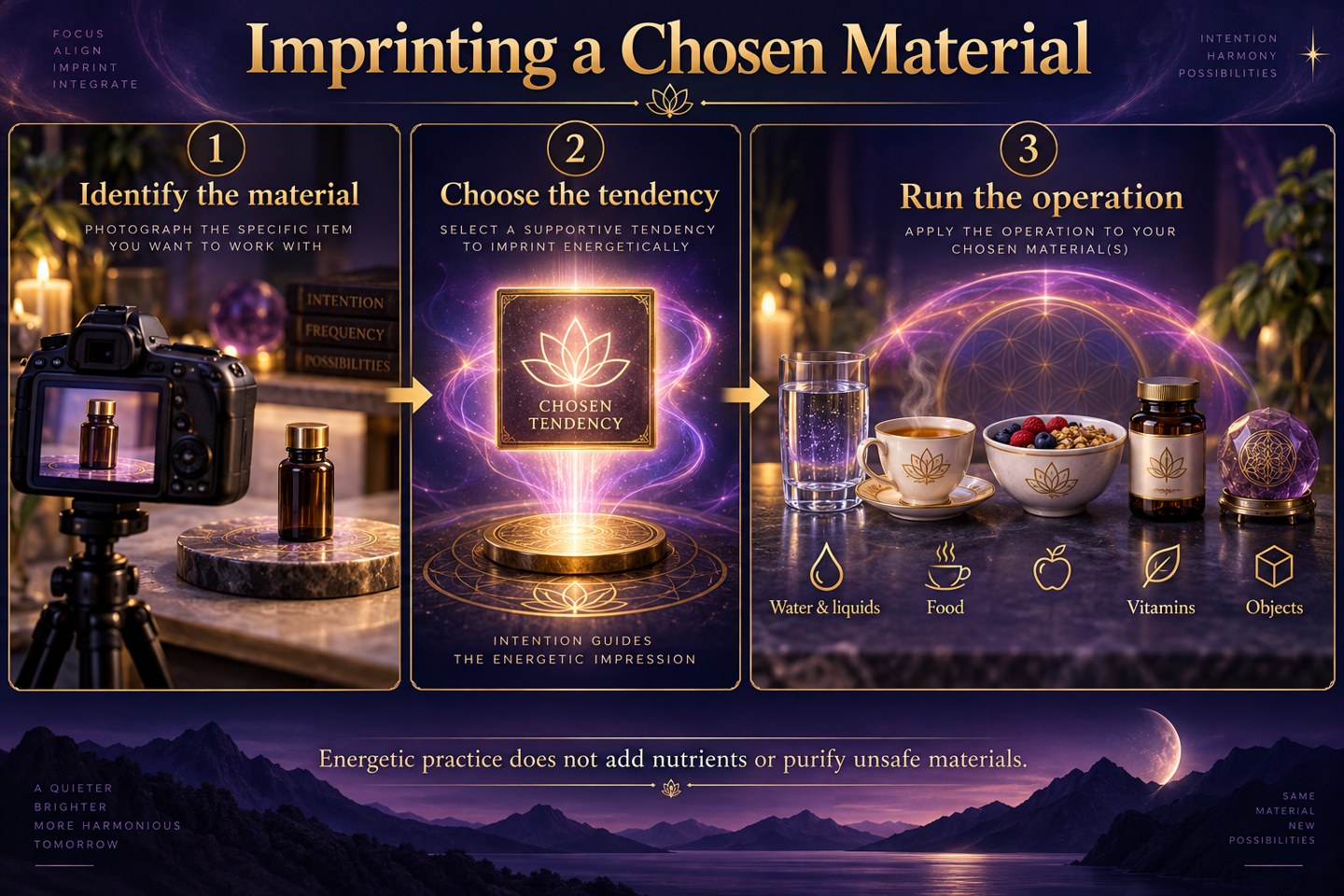 Three-step material imprinting infographic showing identification, tendency selection, and water, liquids, food, vitamins, and objects.