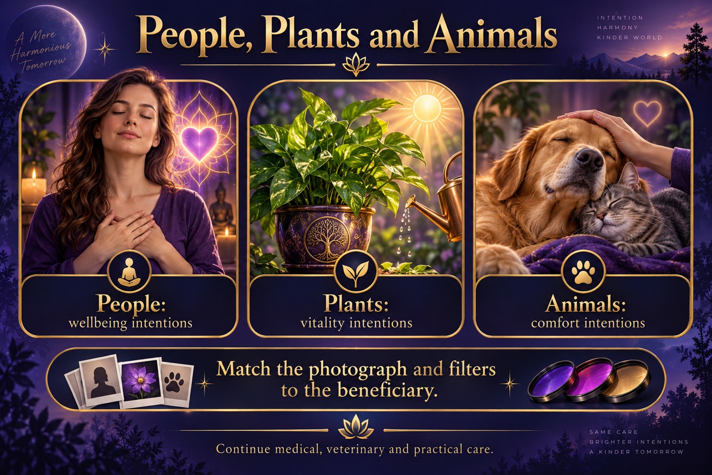 Three illustrated panels for human wellbeing, plant vitality, and animal comfort intentions.