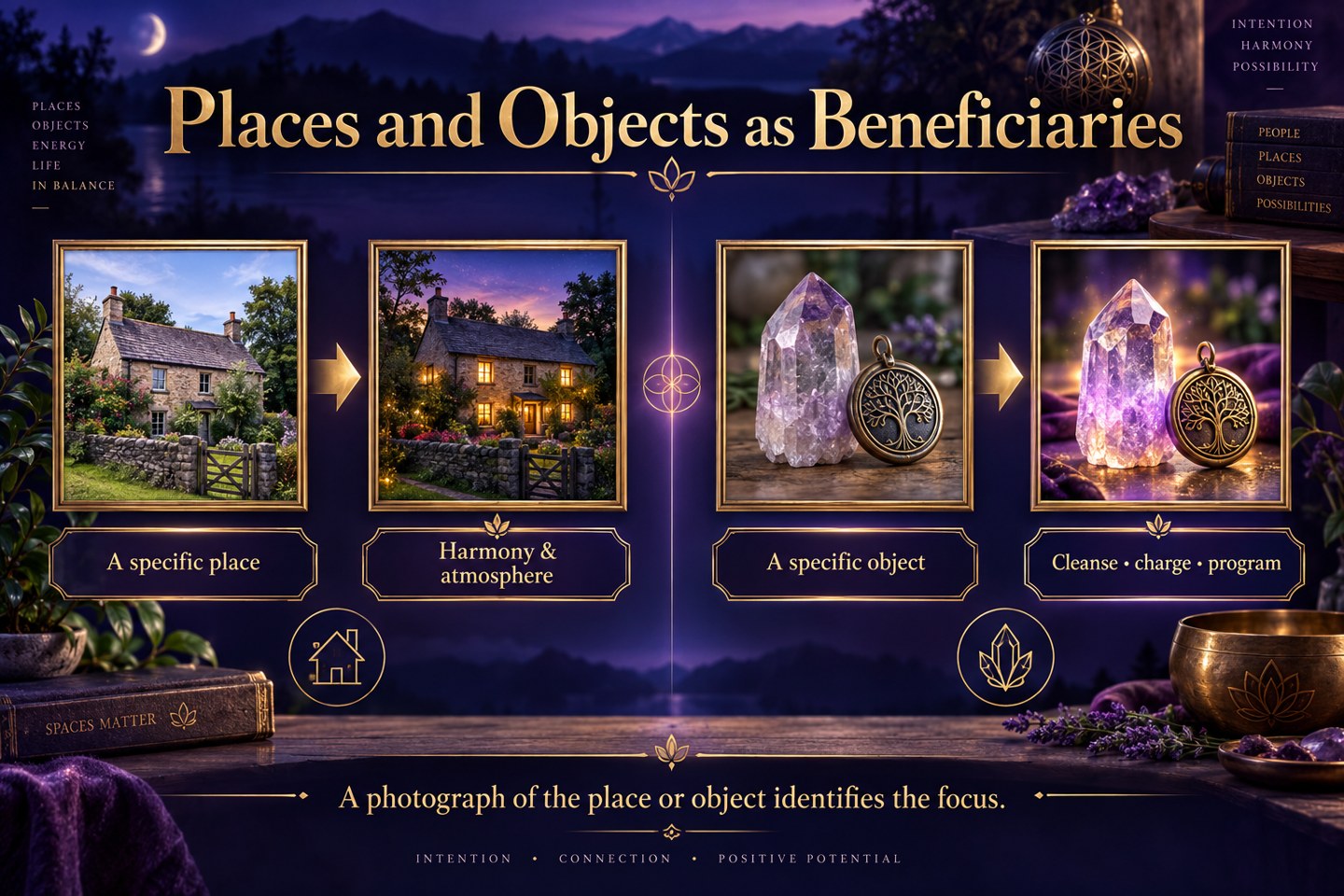 Conceptual photograph targeting for a home and for a crystal or amulet, with space harmony and object programming roles.