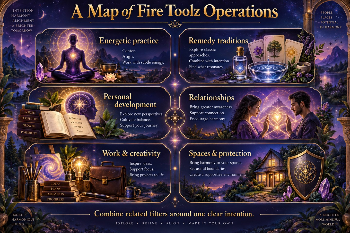 Six illustrated families of Fire Toolz operations: energetic practice, remedy traditions, personal development, relationships, work and creativity, and spaces and protection.