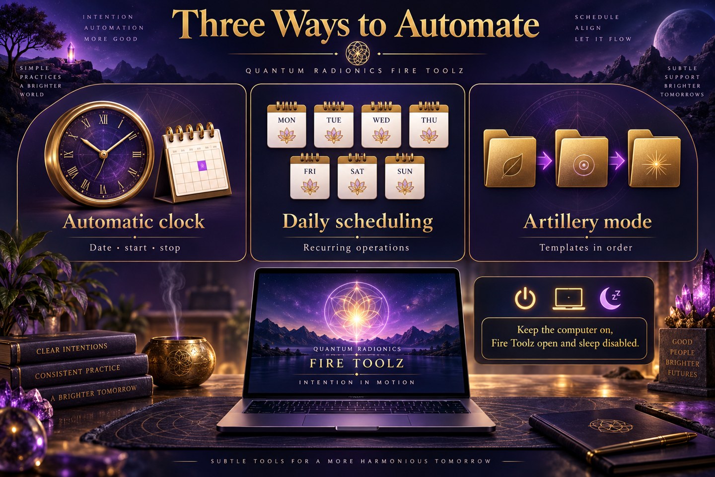 Illustrated comparison of the automatic clock, daily scheduling, and sequential artillery mode, with computer power requirements.
