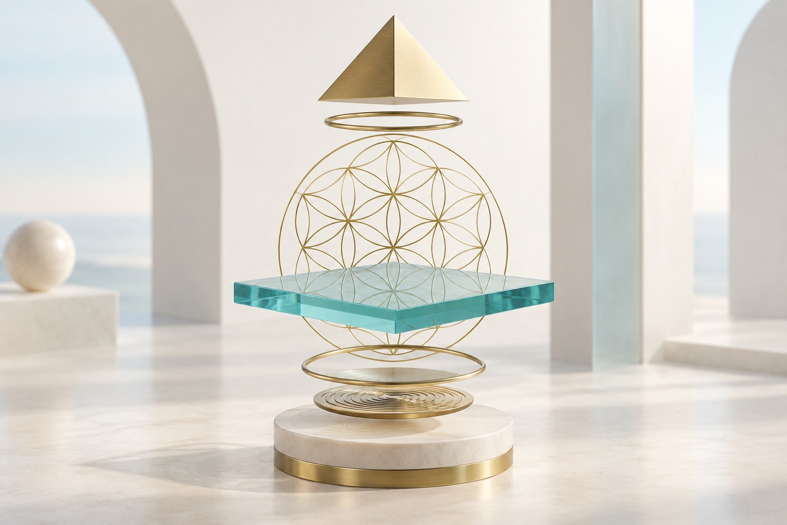 A contemporary conceptual sculpture combining sacred geometry, a pyramid, and translucent aqua glass.