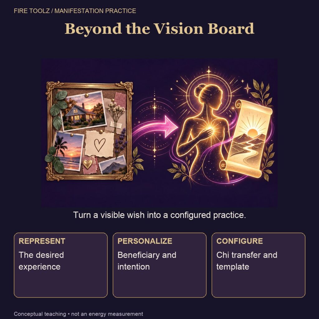 Beyond the Vision Board: REPRESENT — The desired experience; PERSONALIZE — Beneficiary and intention; CONFIGURE — Chi transfer and template.