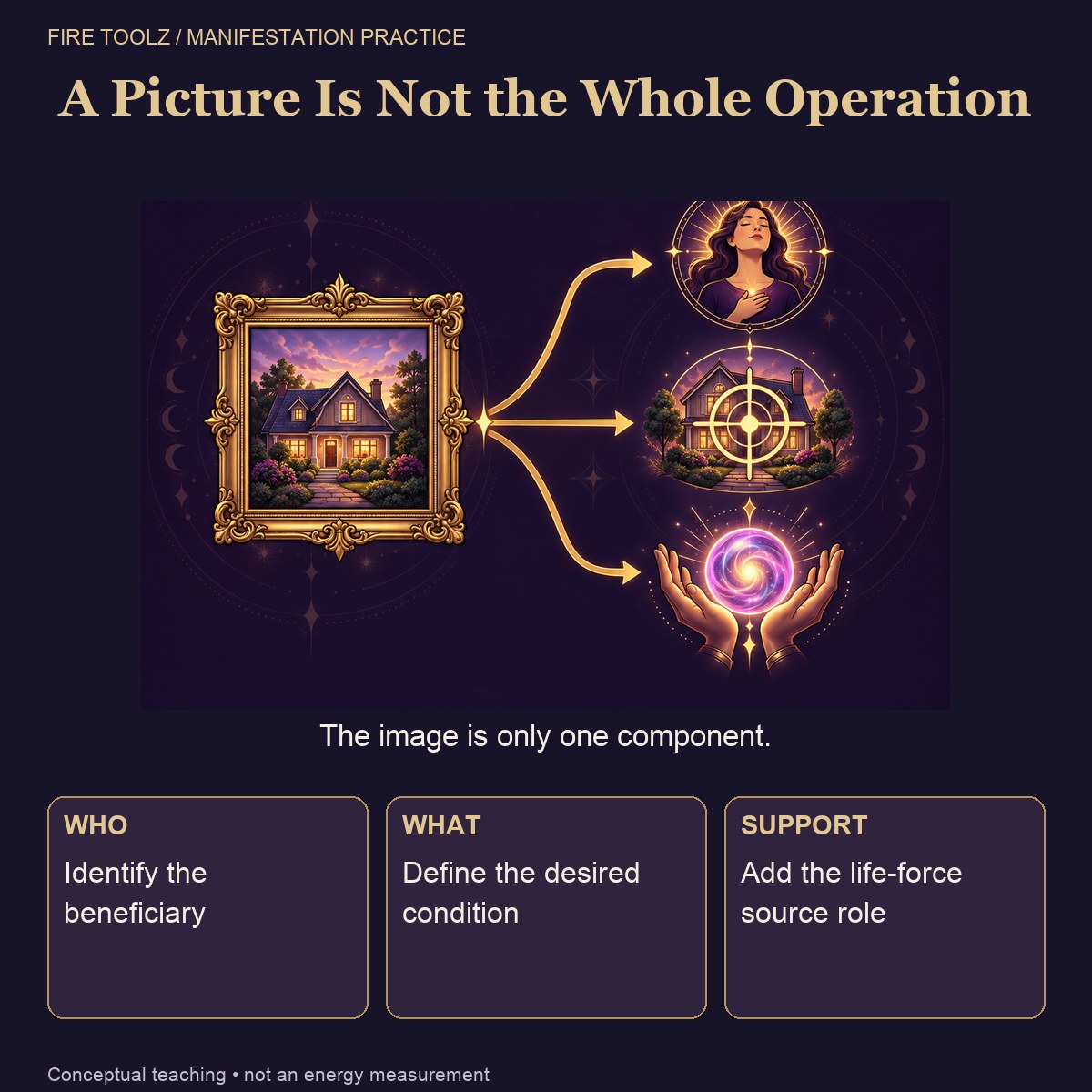 A goal image beside three separate components labeled Who, What, and Support.
