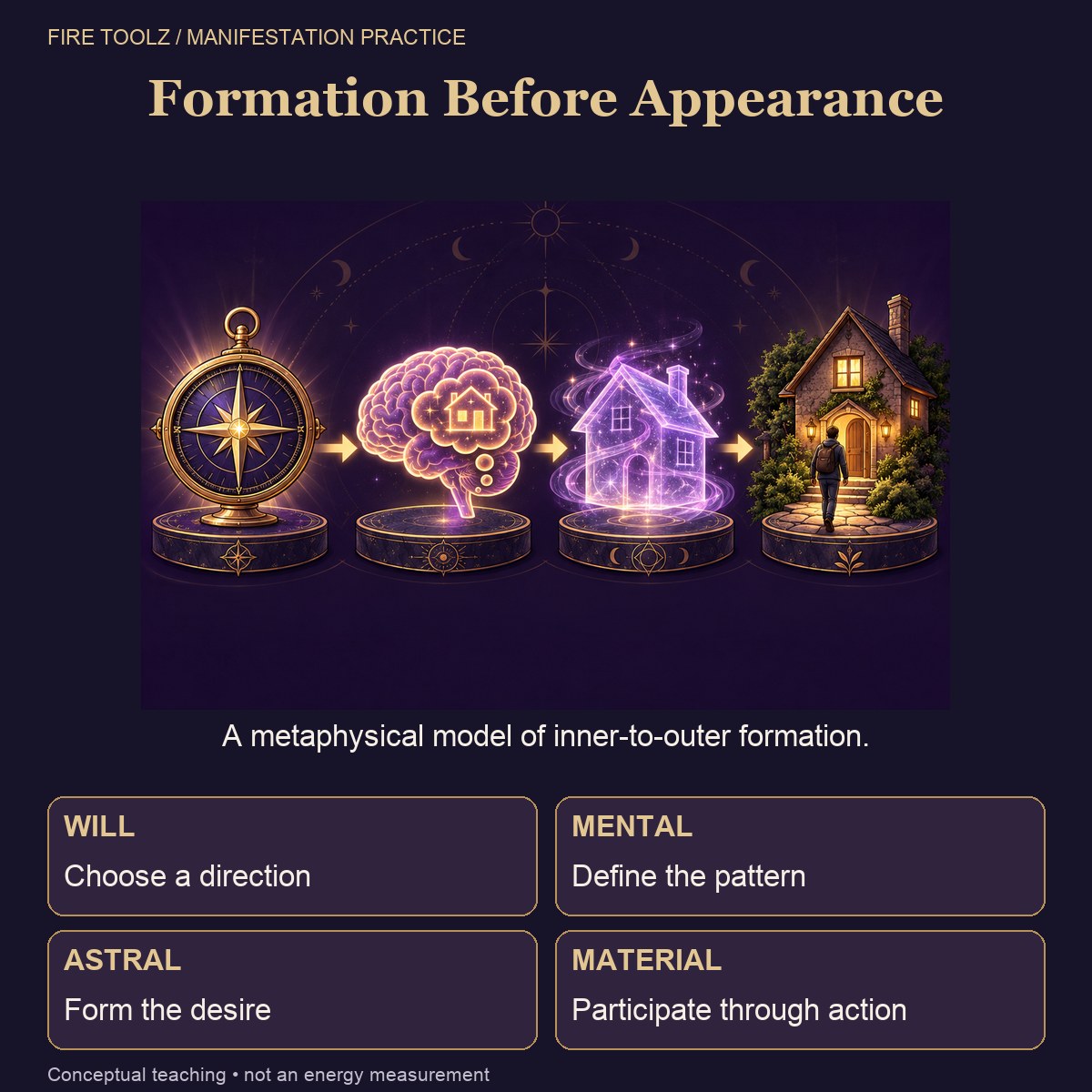 Four connected layers show will, mental pattern, astral formation, and material participation.