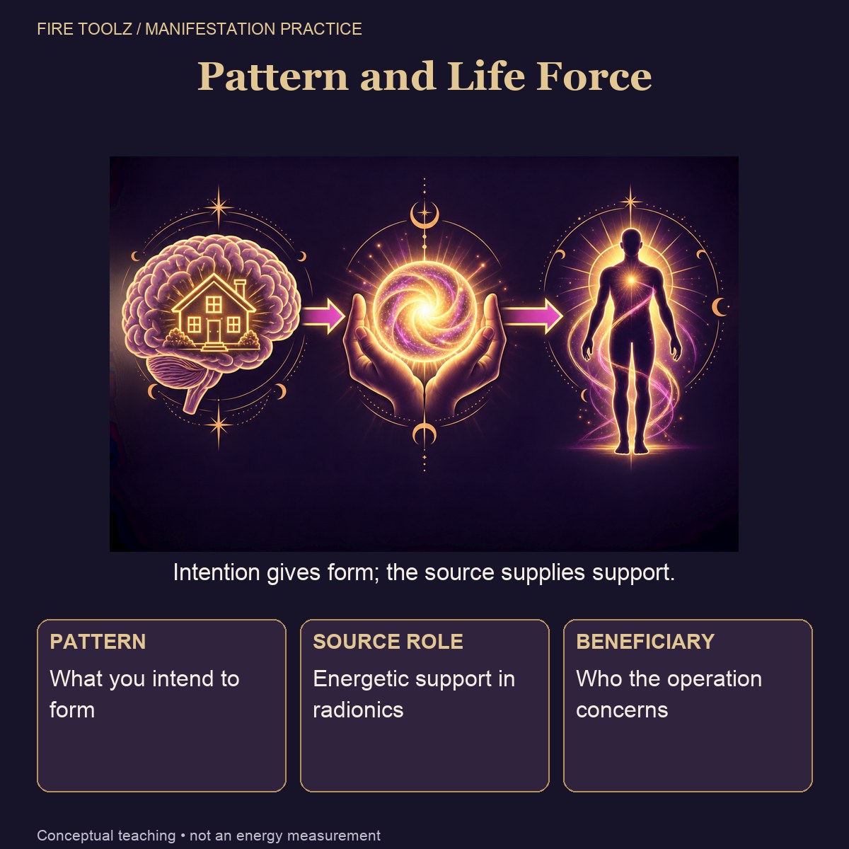 A home pattern, a life-force source role, and a beneficiary are connected as distinct components.