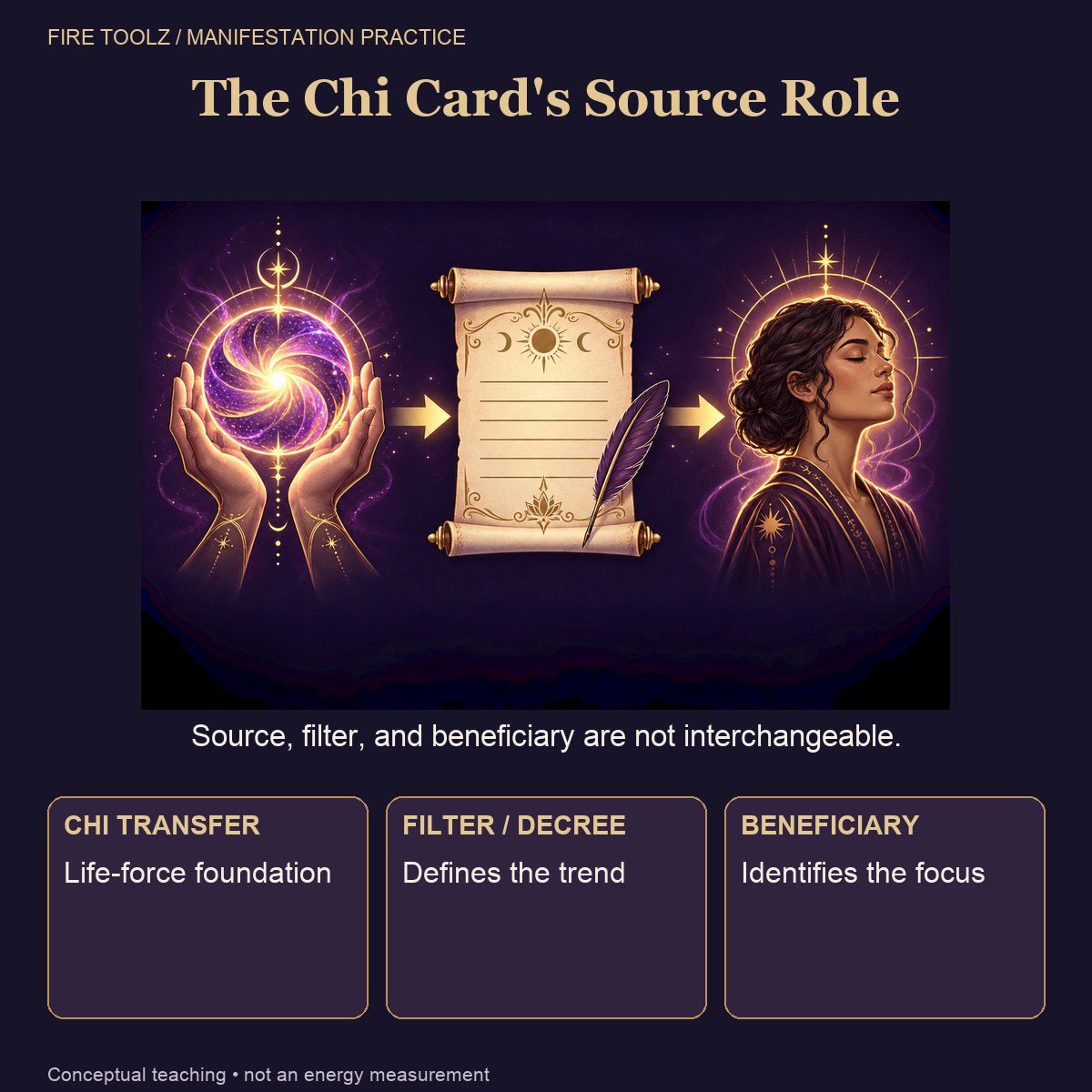 Source, filter or decree, and beneficiary are connected in the order of the radionic operation.