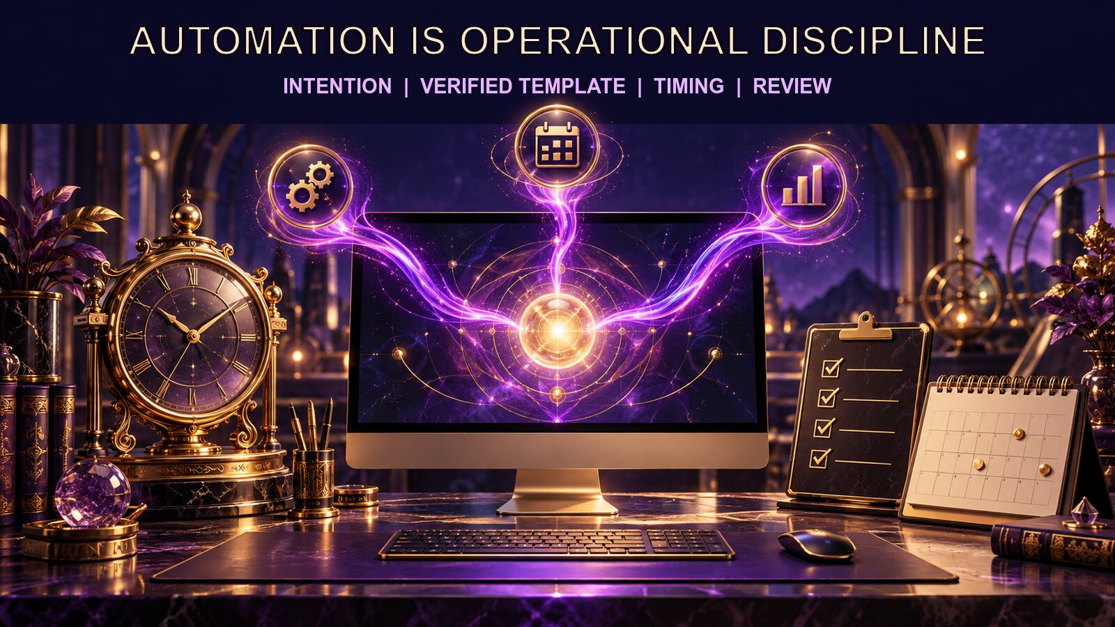 A practitioner connects intention, a verified template, a clock, and a completed operation in one disciplined workflow.