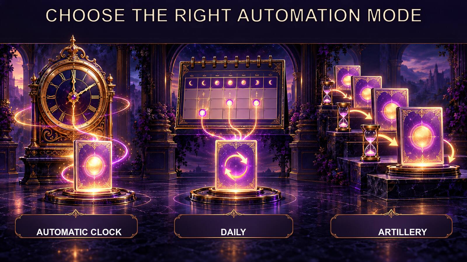 Automatic Clock, Daily scheduling, and Artillery are compared through a calendar window, recurring planner, and sequential queue.