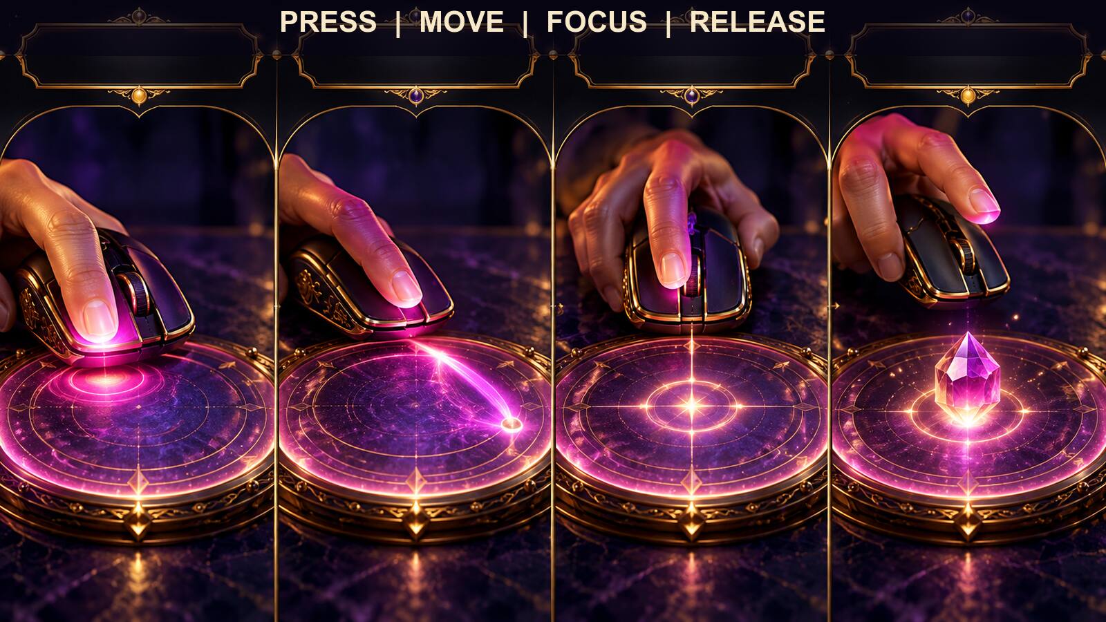 Four clear stages show press, move, maintain focus, and release across the virtual touchplate.