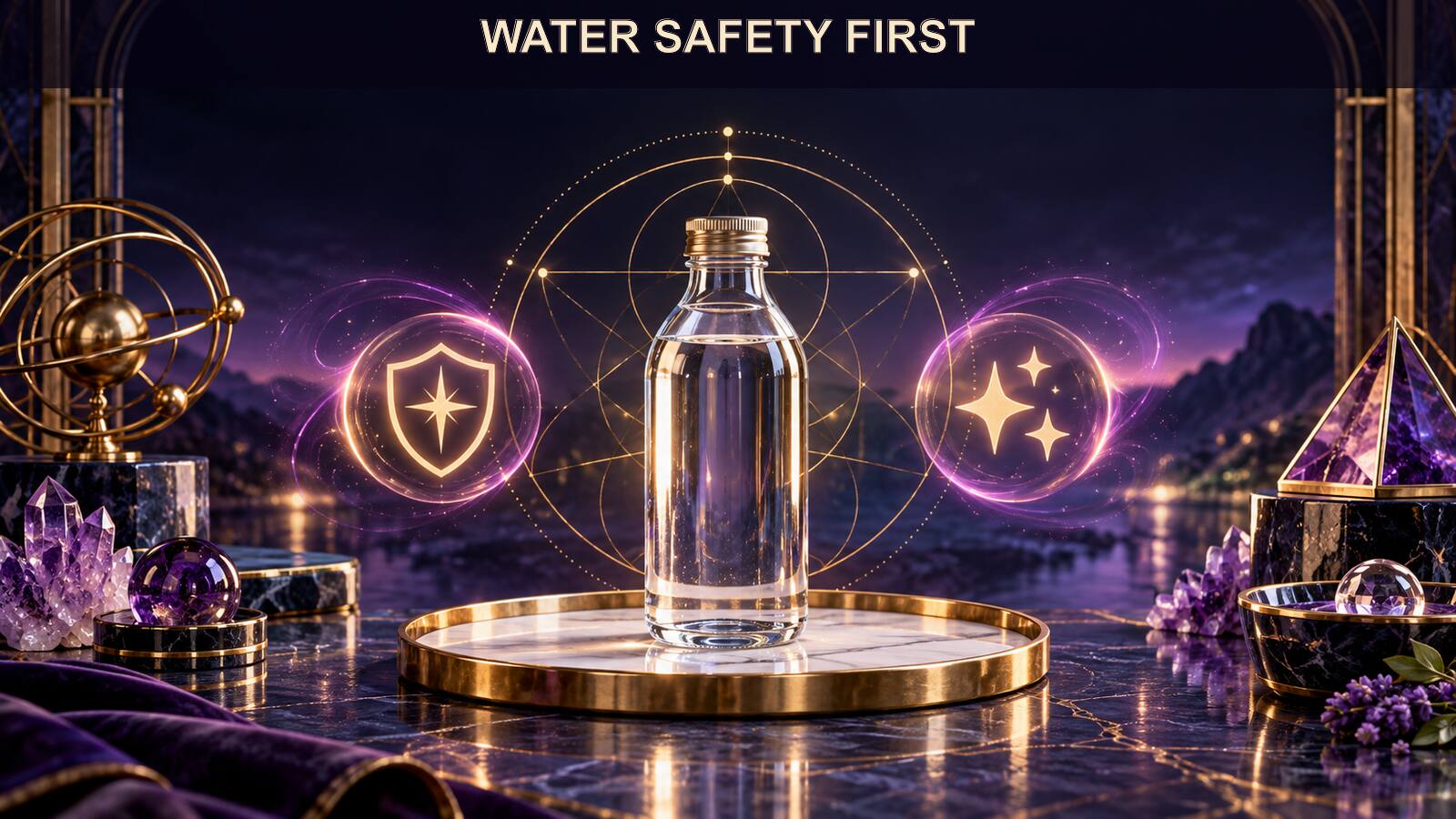 A safe water workflow verifies source, clean container, secure cover, identification, and ordinary storage before symbolic charging.