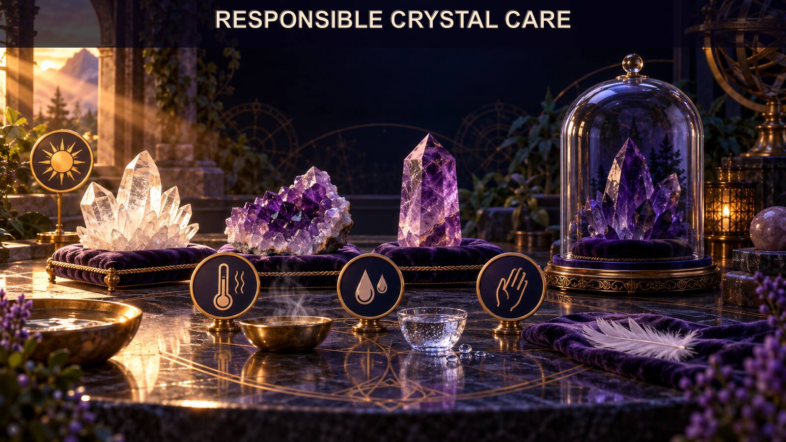 A crystal-care chart separates dry-safe handling, light sensitivity, water sensitivity, and secure identification.