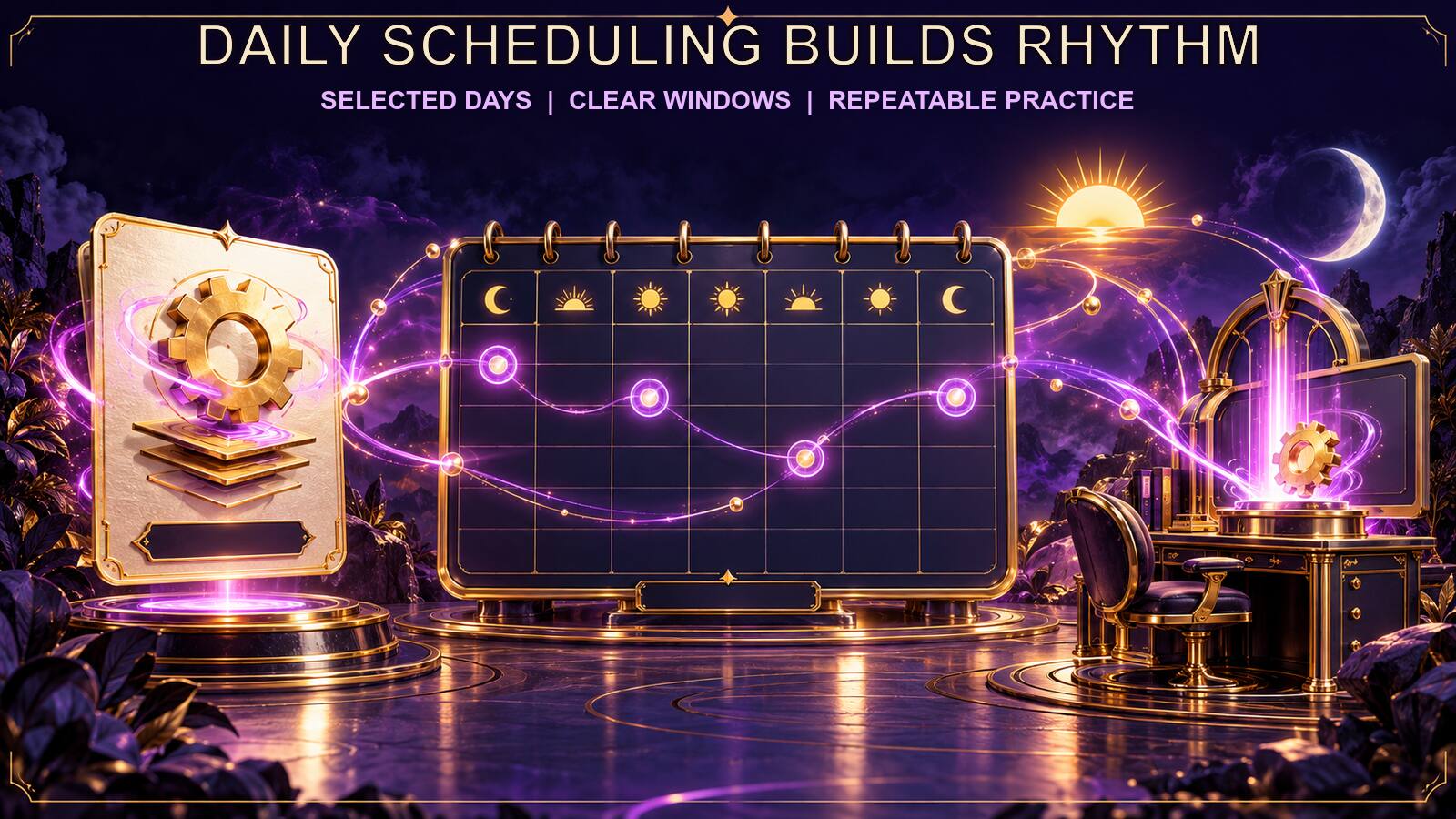 A weekly planner assigns different saved Fire Toolz templates to clear, non-overlapping windows.