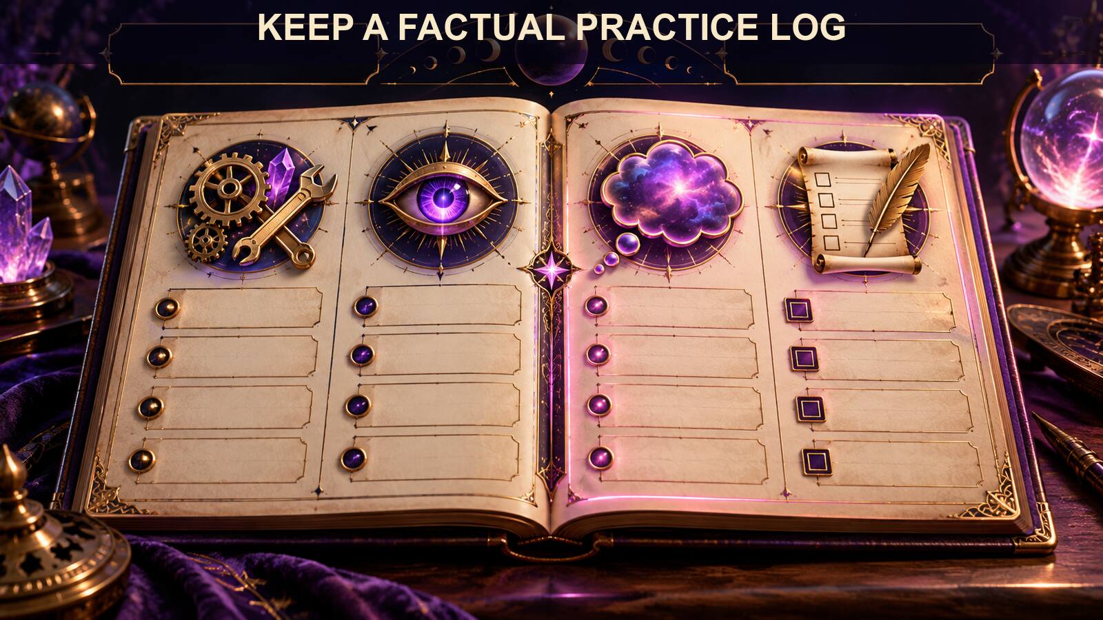 A factual practice log separates configuration details, observable events, interpretation, and practical action.