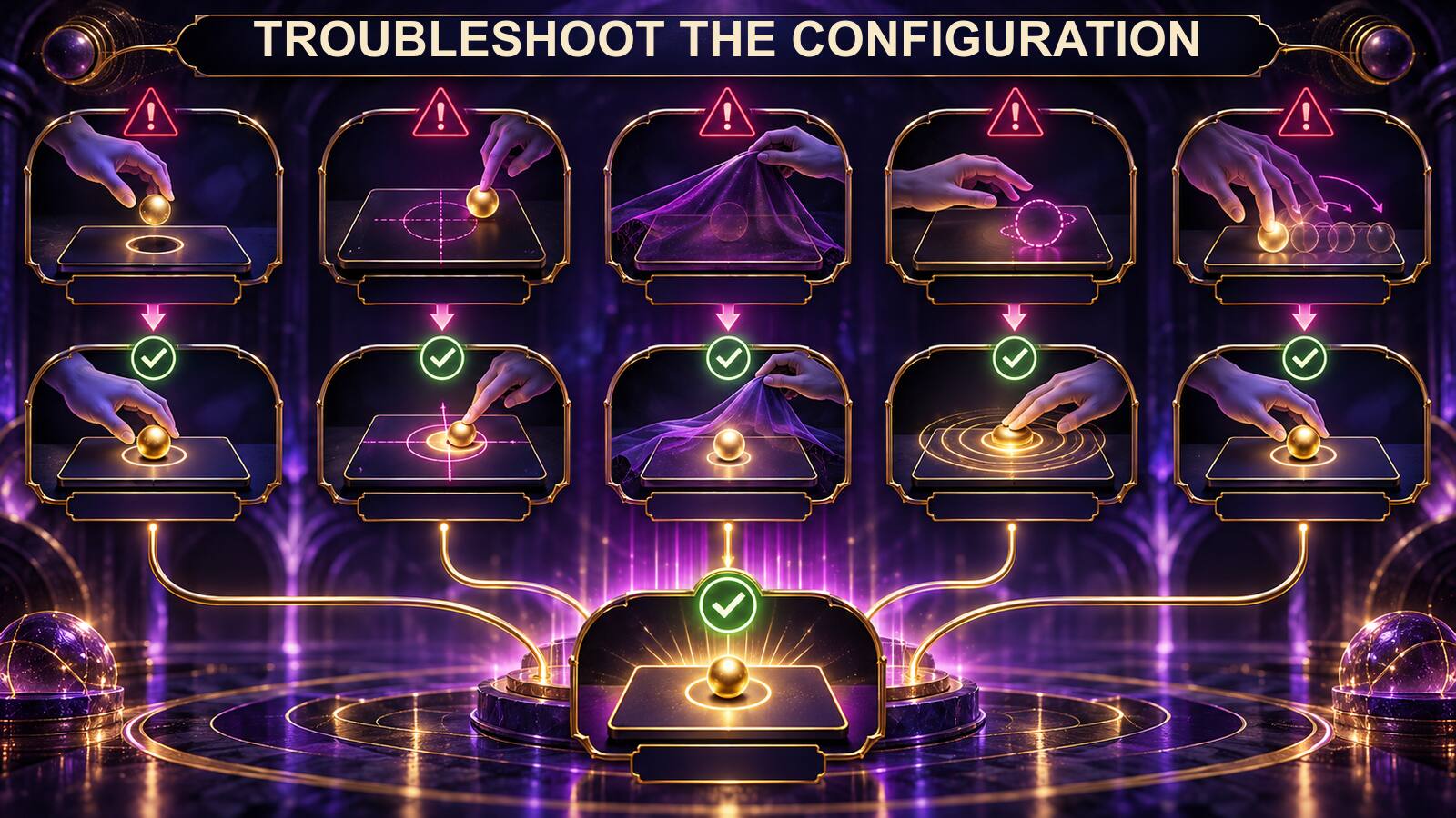 A troubleshooting map connects missing values, wrong positions, hidden display, unsaved changes, and compulsive repetition to clear fixes.