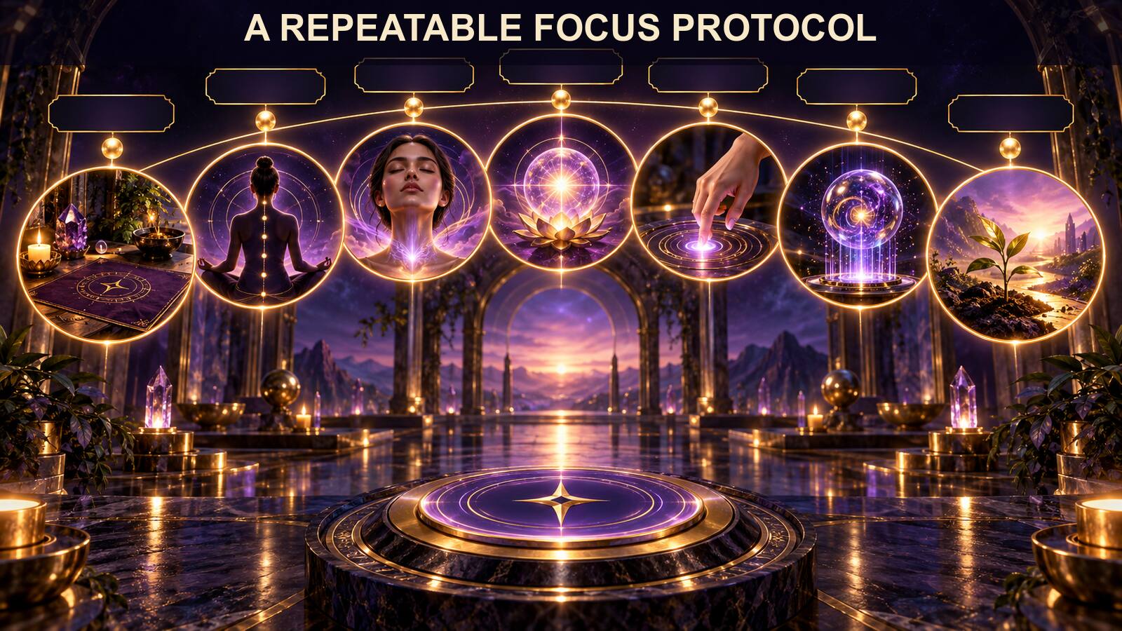 A calm five-stage focus protocol moves from preparation and breathing through intention, gesture, release, and return to practical action.