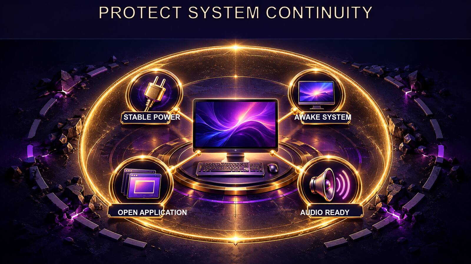 A Windows computer remains connected to stable power, awake settings, planned updates, and an organized template folder.