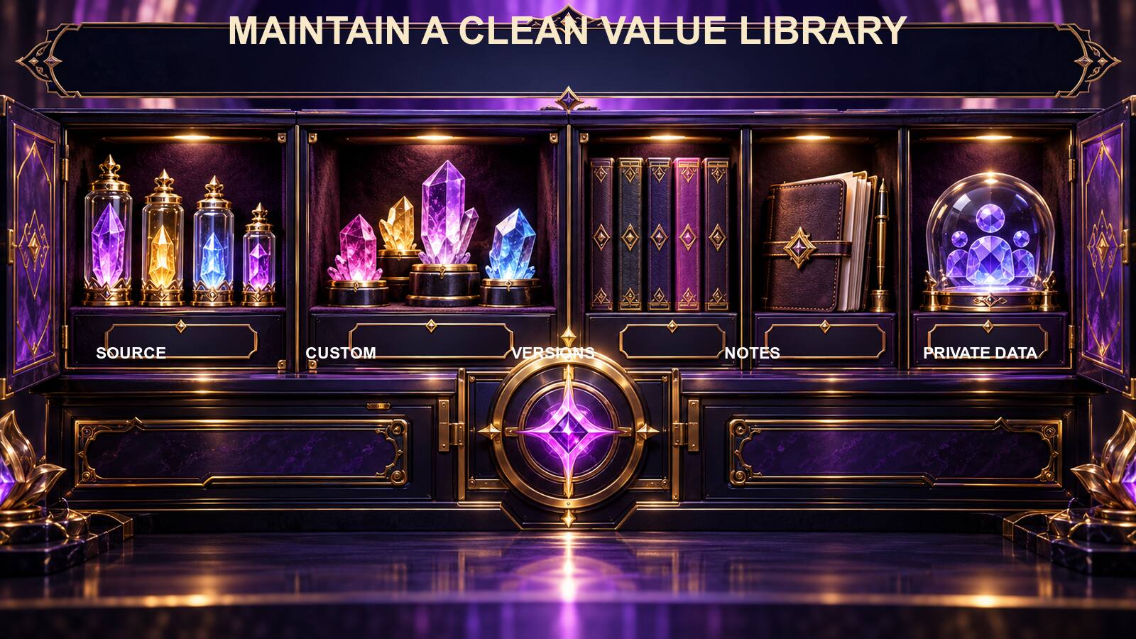 A secure value library organizes source values, custom values, template versions, notes, and private beneficiary data into separate compartments.
