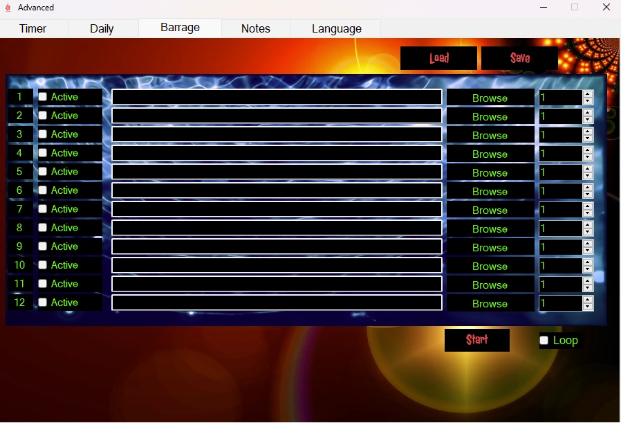 Actual Fire Toolz Barrage screen showing twelve Active rows, Browse controls, per-template duration fields, Start, and Loop.