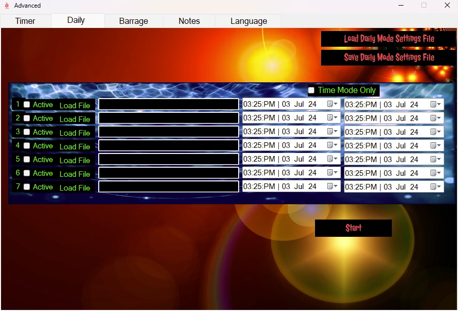 Actual Fire Toolz Daily scheduling screen with seven Active rows, Load File controls, time windows, Time Mode Only, and Start.